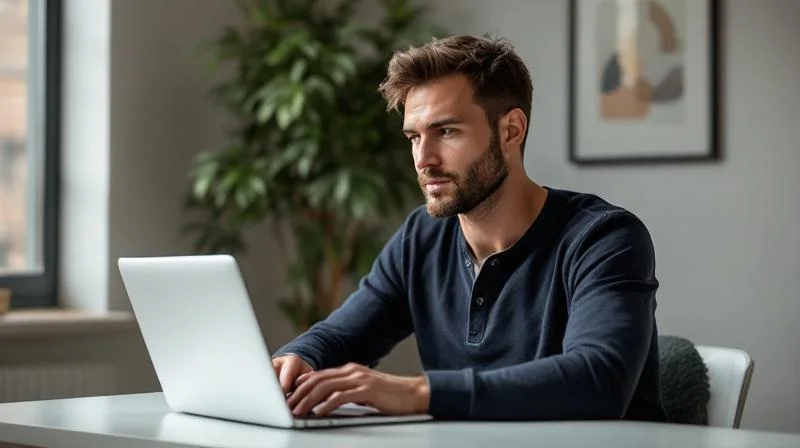 Mann arbeitet konzentriert am Laptop in einem modernen Raum in Düren
