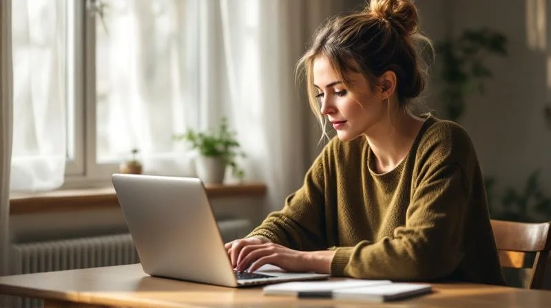 Frau lernt am Laptop in einem hellen Raum mit Blick auf die Dürener Innenstadt